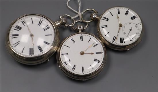 A Victorian silver pair cased pocket watch by M. Moore, Hilboro and two other silver fusee pocket watches.